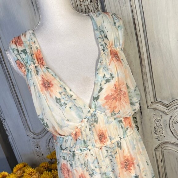 Feminine Floral Maxi Dress with Orange and Blue Accents - Picture 2 of 9